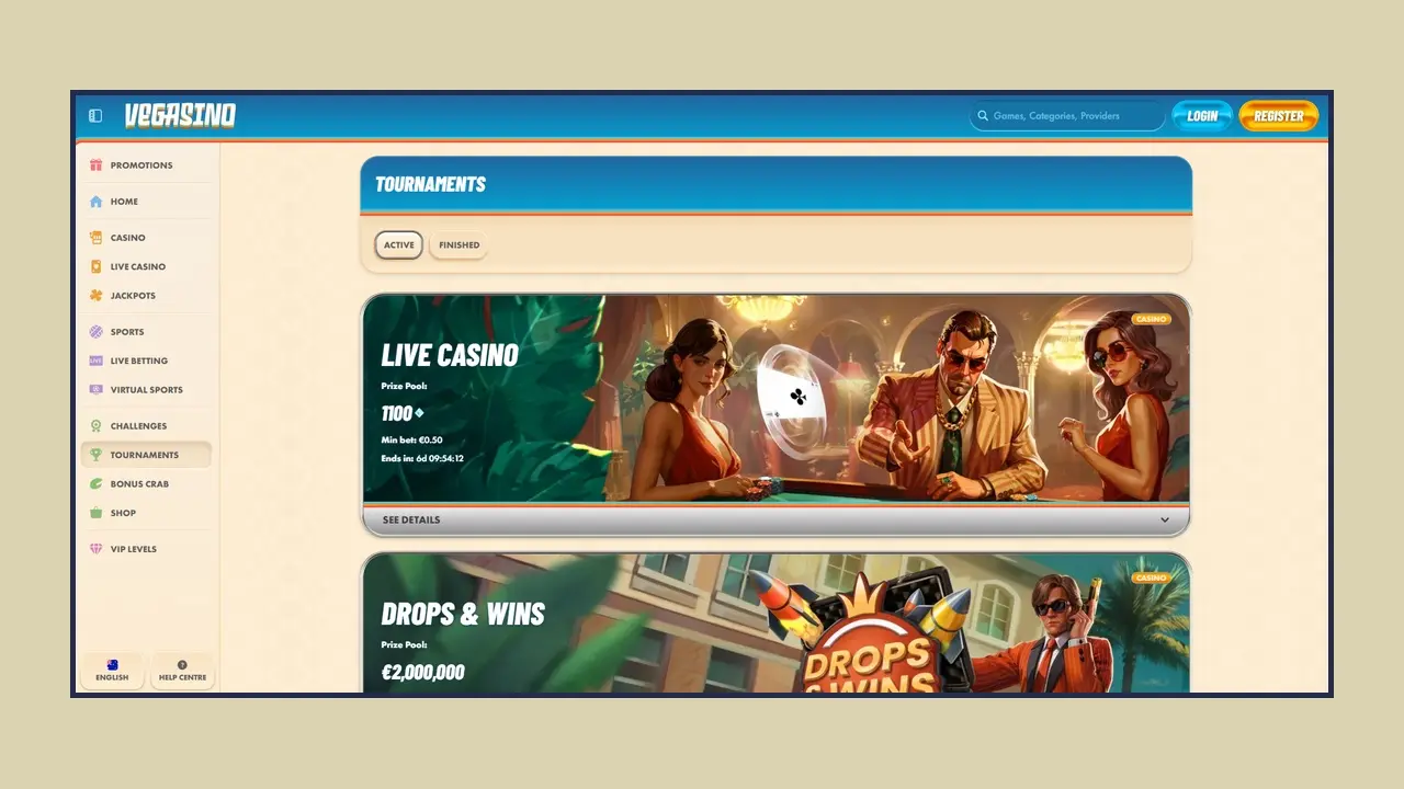 So finden Sie ein Spiel auf der Vegasino Online-Casino-Website
